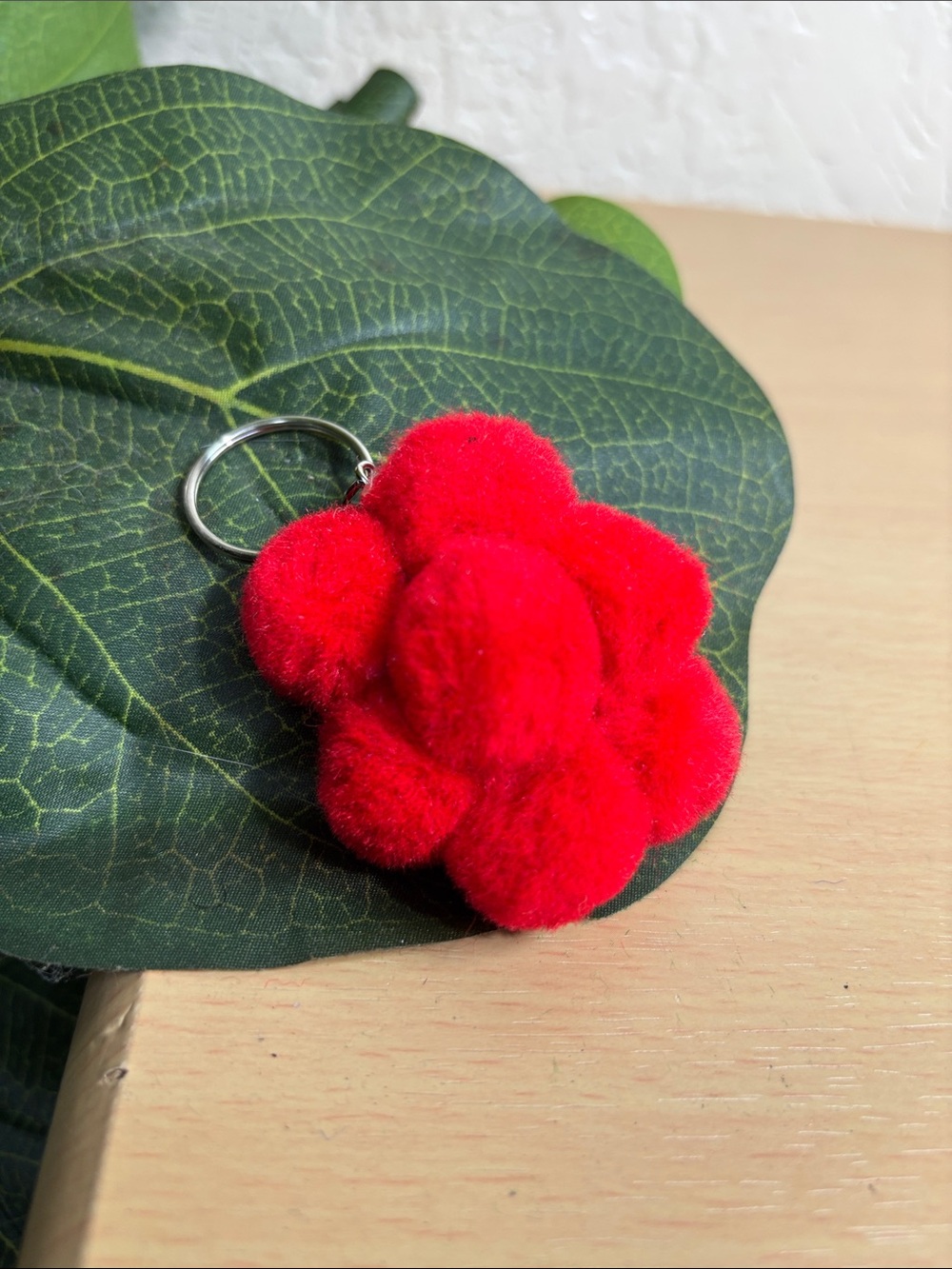 Plush Red Pom-Pom Flower Keychain - Women Accessories
